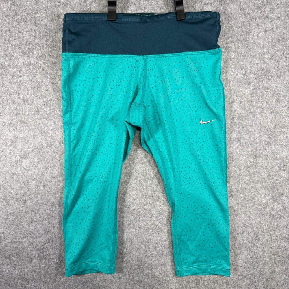 Nike Dri-FIT Capri Leggings Women XS Teal Geometric Triangle Print 630889-383